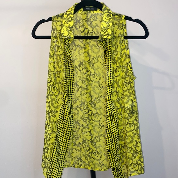 Versace Neon Yellow and Black Patterned Blouse - Picture 1 of 16